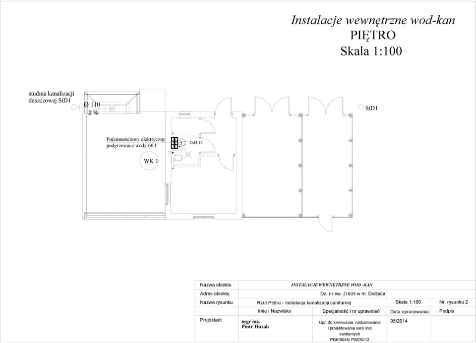 Dołżyca Nazwa rysunku Rzut Piętra - Instalacja kanalizacji sanitarnej Nr.