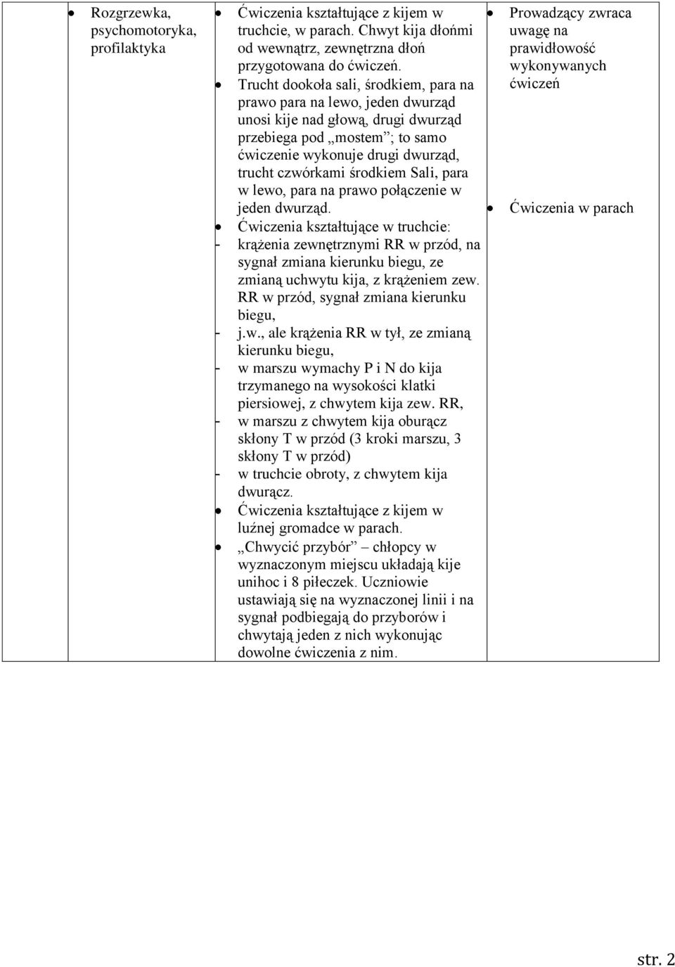Sali, para w lewo, para na prawo połączenie w jeden dwurząd. kształtujące w truchcie: - krążenia zewnętrznymi RR w przód, na sygnał zmiana kierunku biegu, ze zmianą uchwytu kija, z krążeniem zew.