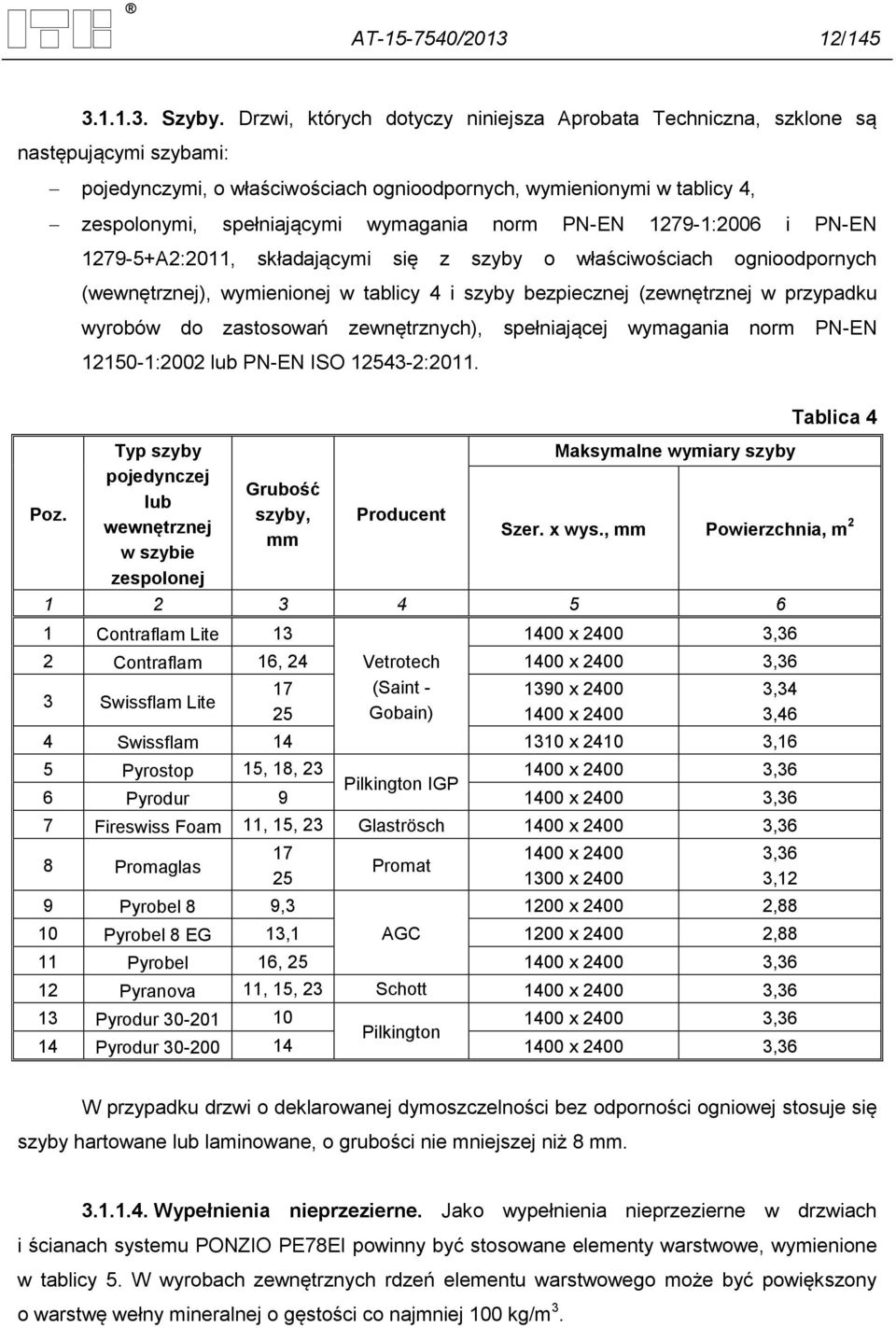 ognioodpornych (wewnętrznej), wymienionej w tablicy 4 i szyby bezpiecznej (zewnętrznej w przypadku wyrobów do zastosowań zewnętrznych), spełniającej wymagania norm PN-EN 12150-1:2002 lub PN-EN ISO