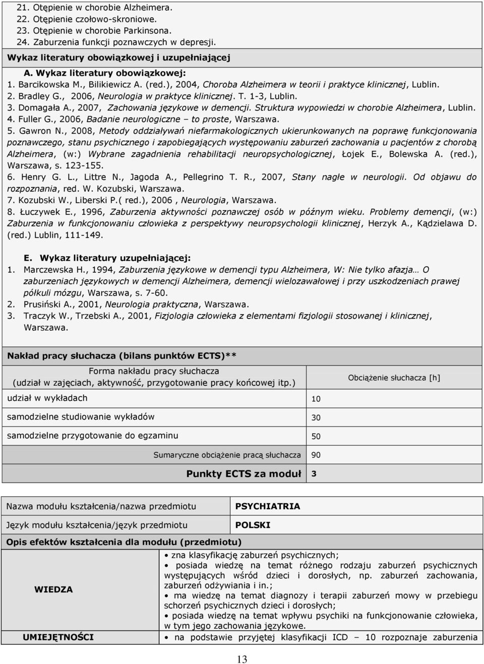 , 2006, Neurologia w praktyce klinicznej. T. 1-3, Lublin. 3. Domagała A., 2007, Zachowania językowe w demencji. Struktura wypowiedzi w chorobie Alzheimera, Lublin. 4. Fuller G.