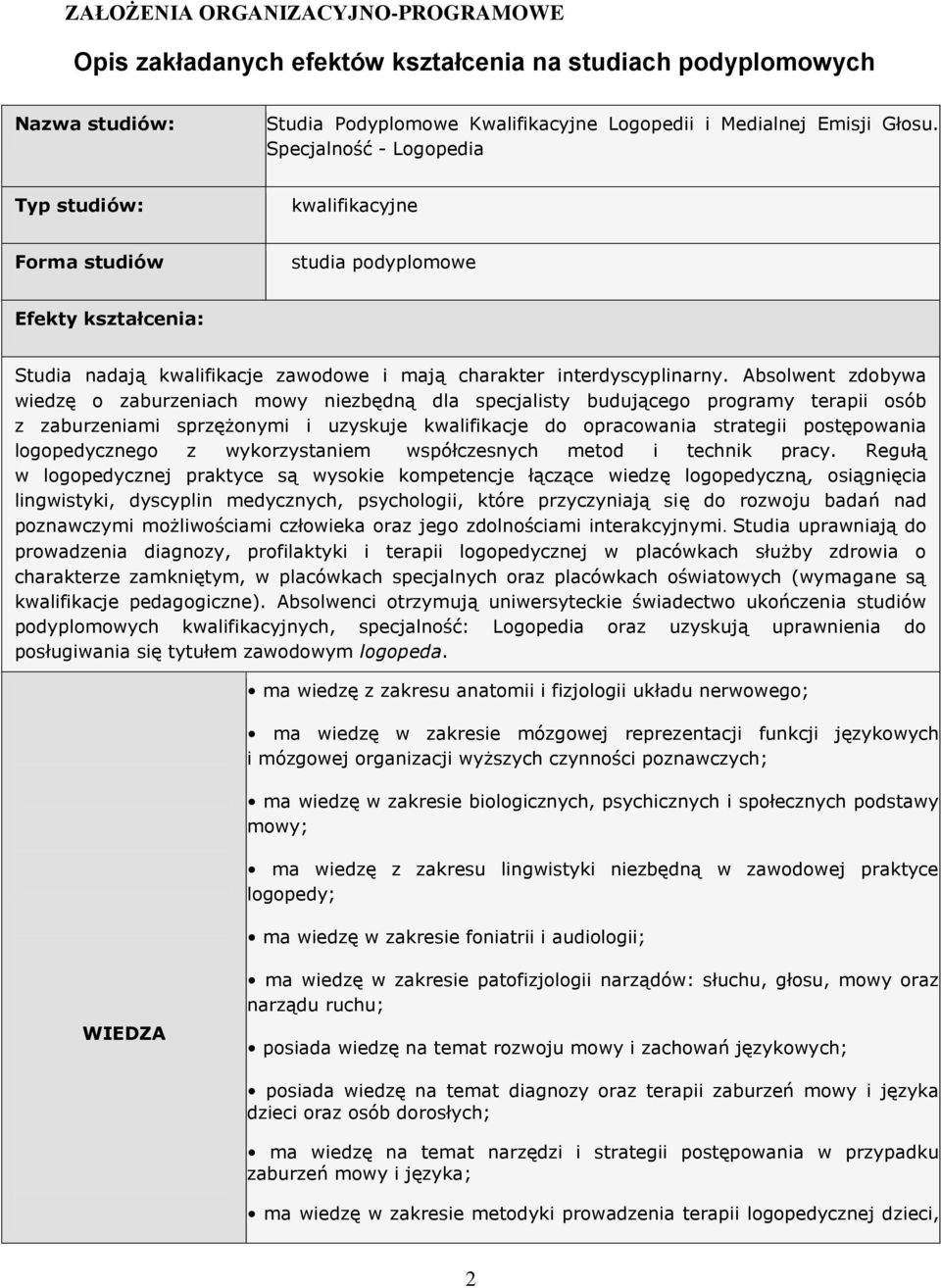 Absolwent zdobywa wiedzę o zaburzeniach mowy niezbędną dla specjalisty budującego programy terapii osób z zaburzeniami sprzężonymi i uzyskuje kwalifikacje do opracowania strategii postępowania