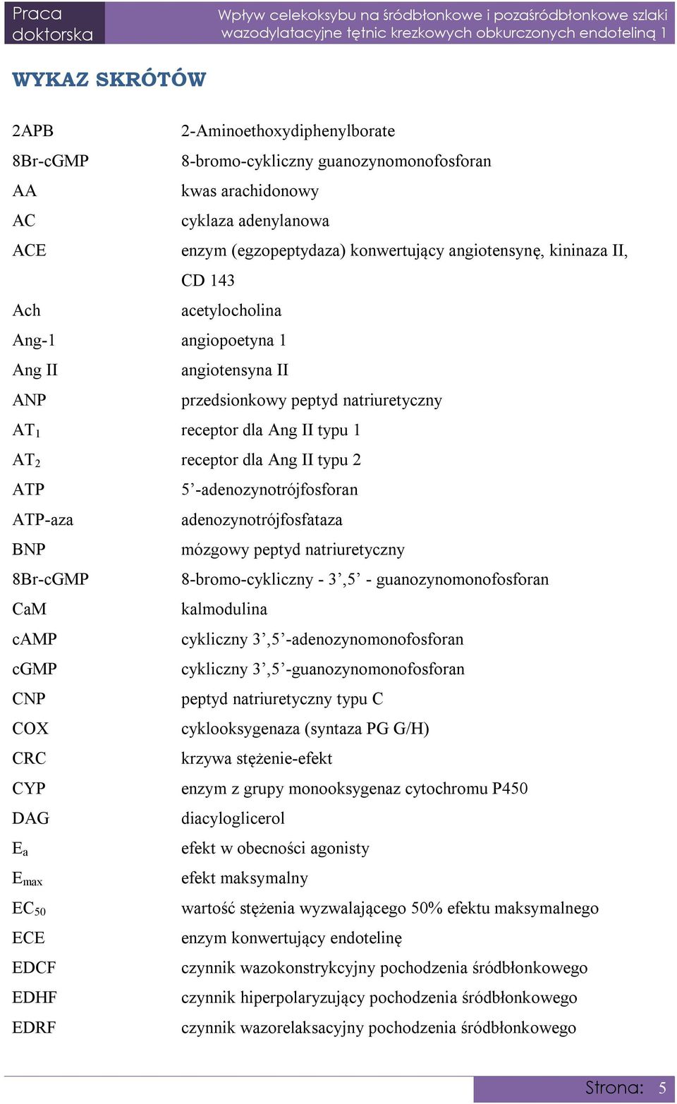 -adenozynotrójfosforan ATP-aza adenozynotrójfosfataza BNP mózgowy peptyd natriuretyczny 8Br-cGMP 8-bromo-cykliczny - 3,5 - guanozynomonofosforan CaM kalmodulina camp cykliczny 3,5