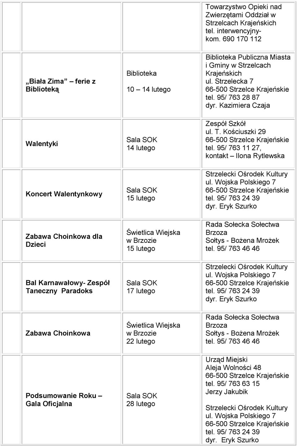 Kazimiera Czaja Walentyki 14 lutego ul. T. Kościuszki 29 tel.