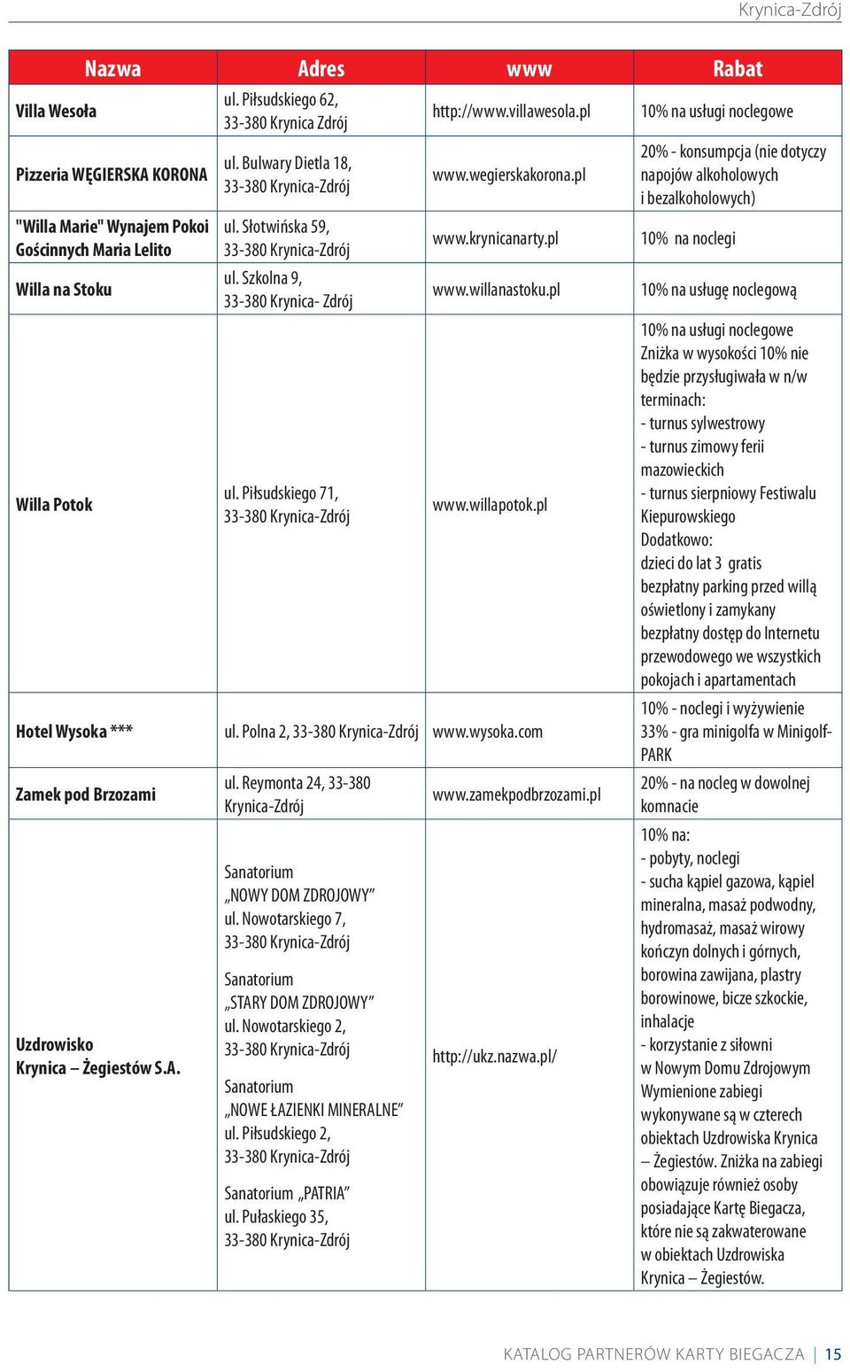 Polna 2, www.wysoka.com Zamek pod Brzozami Uzdrowisko Krynica Żegiestów S.A. ul. Reymonta 24, 33-380 Krynica-Zdrój Sanatorium NOWY DOM ZDROJOWY ul. Nowotarskiego 7, Sanatorium STARY DOM ZDROJOWY ul.