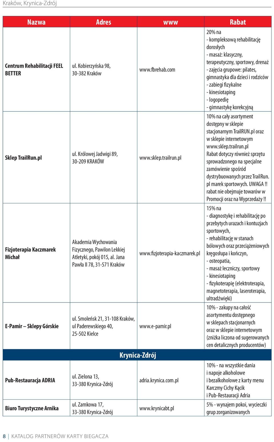 Smoleńsk 21, 31-108 Kraków, ul Paderewskiego 40, 25-502 Kielce ul. Zielona 13, ul. Zamkowa 17, www.fbrehab.com www.sklep.trailrun.pl www.fizjoterapia-kaczmarek.pl www.e-pamir.pl Krynica-Zdrój adria.