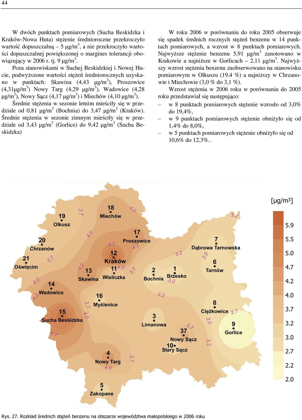 Poza stanowiskami w Suchej Beskidzkiej i Nowej Hucie, podwyższone wartości stężeń średniorocznych uzyskano w punktach: Skawina (4,43 µg/m 3 ), Proszowice (4,31µg/m 3 ) Nowy Targ (4,29 µg/m 3 ),