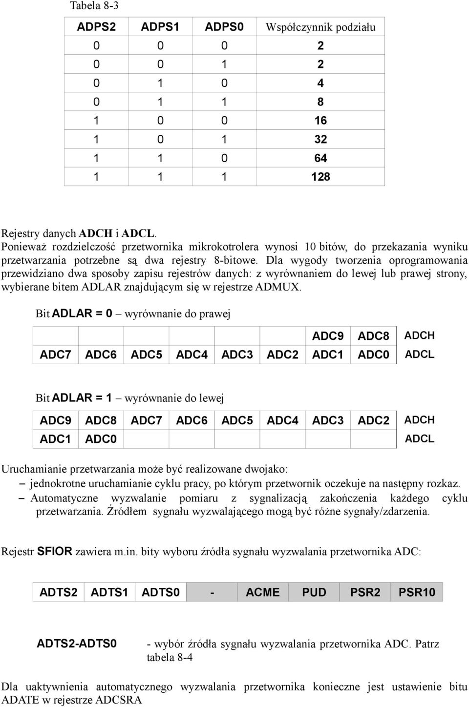 Dla wygody tworzenia oprogramowania przewidziano dwa sposoby zapisu rejestrów danych: z wyrównaniem do lewej lub prawej strony, wybierane bitem ADLAR znajdującym się w rejestrze ADMUX.