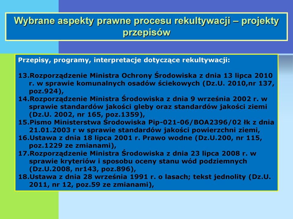 Pismo Ministerstwa Środowiska Pip-021-06/BOA2396/02 łk z dnia 21.01.2003 r w sprawie standardów jakości powierzchni ziemi, 16.Ustawa z dnia 18 lipca 2001 r. Prawo wodne (Dz.U.200, nr 115, poz.