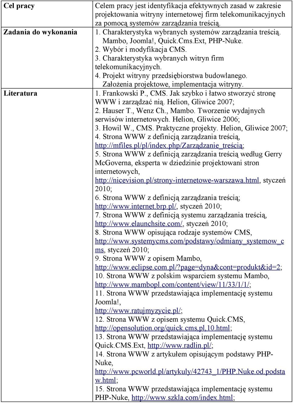 Projekt witryny przedsiębiorstwa budowlanego. Założenia projektowe, implementacja witryny. 1. Frankowski P., CMS. Jak szybko i łatwo stworzyć stronę WWW i zarządzać nią. Helion, Gliwice 2007; 2.