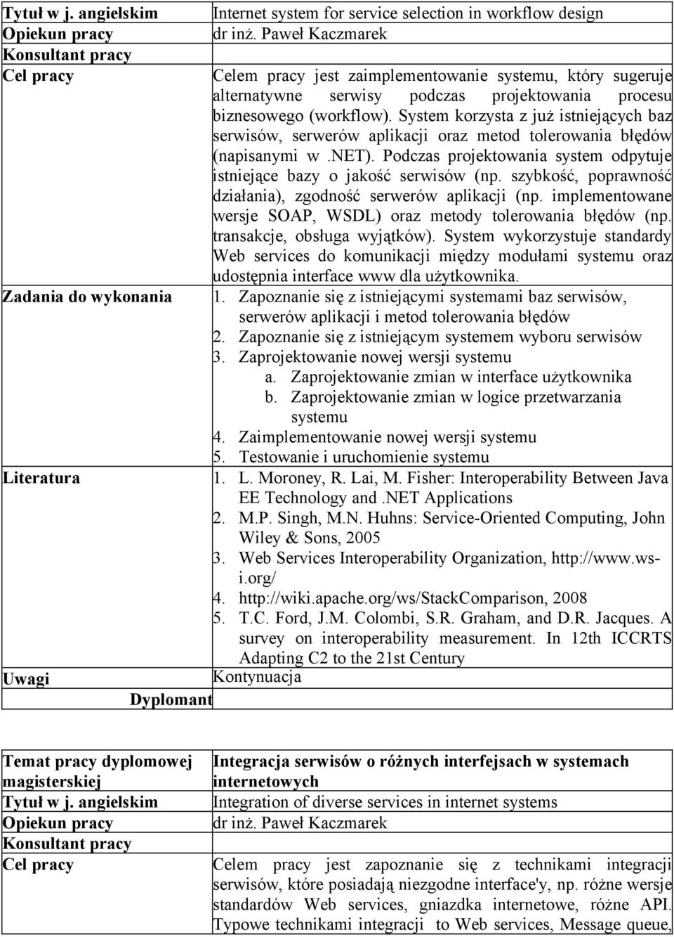 System korzysta z już istniejących baz serwisów, serwerów aplikacji oraz metod tolerowania błędów (napisanymi w.net). Podczas projektowania system odpytuje istniejące bazy o jakość serwisów (np.