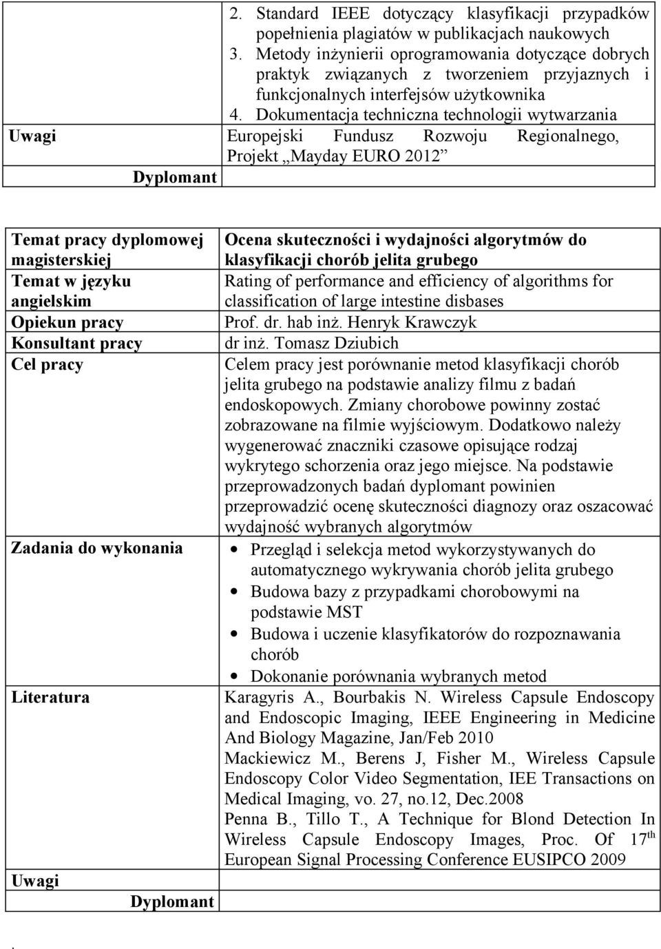 Dokumentacja techniczna technologii wytwarzania Europejski Fundusz Rozwoju Regionalnego, Projekt Mayday EURO 2012 Temat w języku angielskim Ocena skuteczności i wydajności algorytmów do klasyfikacji