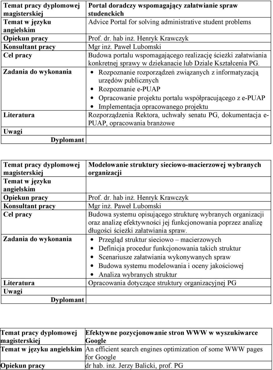 Rozpoznanie rozporządzeń związanych z informatyzacją urzędów publicznych Rozpoznanie e-puap Opracowanie projektu portalu współpracującego z e-puap Implementacja opracowanego projektu Rozporządzenia