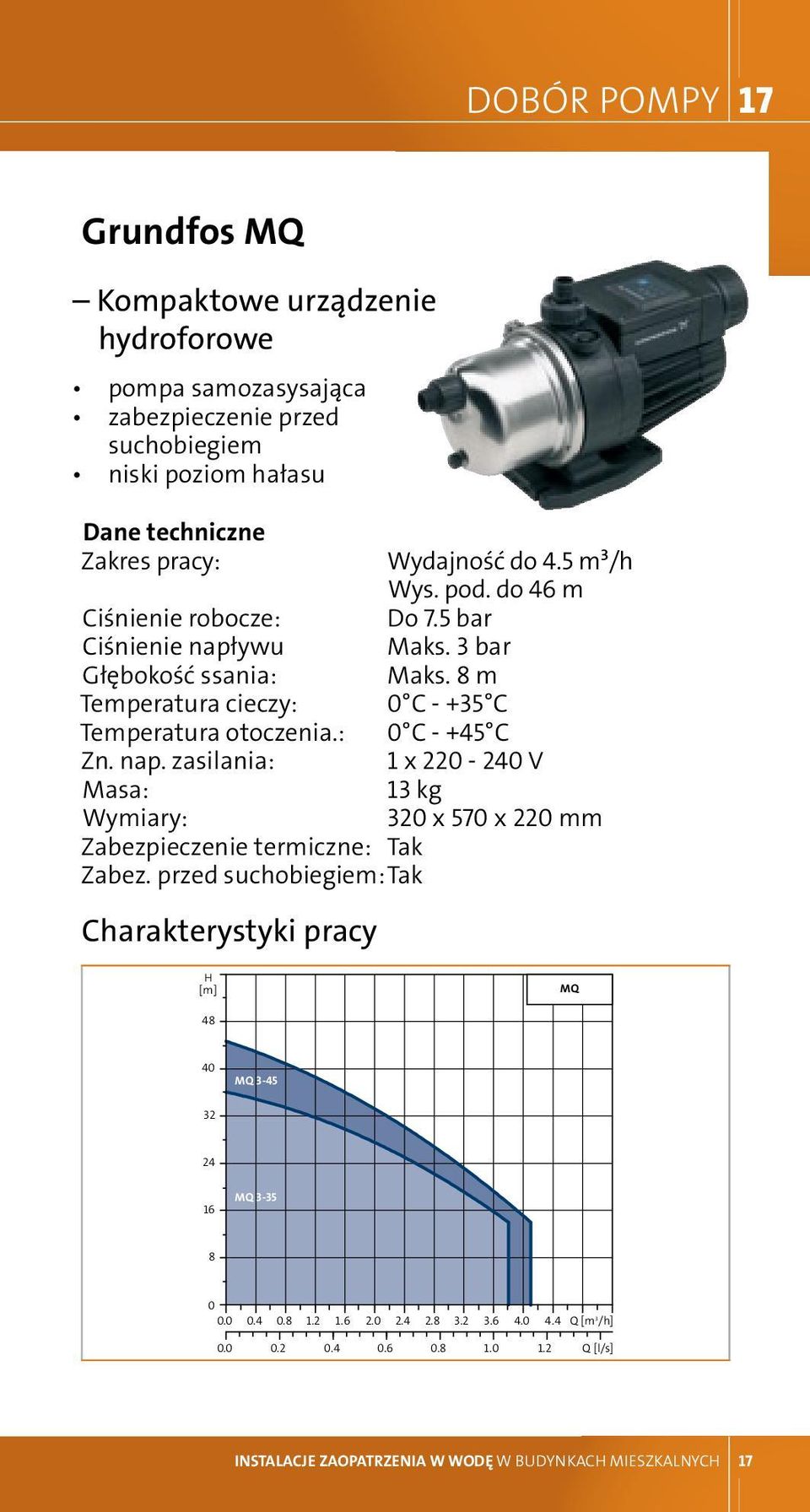 przed suchobiegiem: Tak Charakterystyki pracy wydajność do 4.5 m³/h Wys. pod. do 46 m Do 7.5 bar Maks. 3 bar Maks.