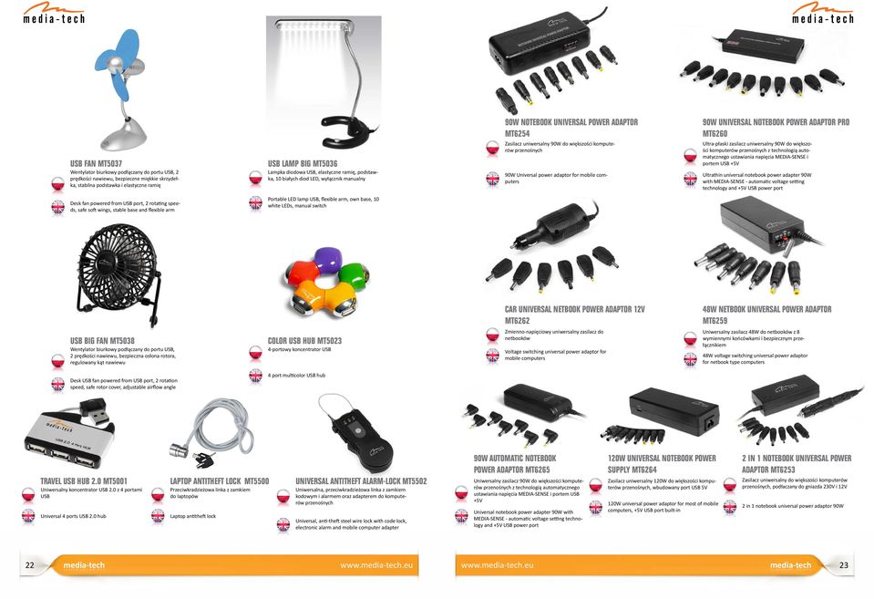 adaptor for mobile computers 90W UNIVERSAL NOTEBOOK POWER ADAPTOR PRO MT6260 Ultra-płaski zasilacz uniwersalny 90W do większości komputerów przenośnych z technologią automatycznego ustawiania