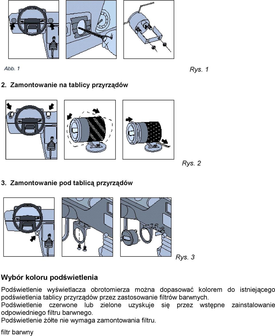 podświetlenia tablicy przyrządów przez zastosowanie filtrów barwnych.