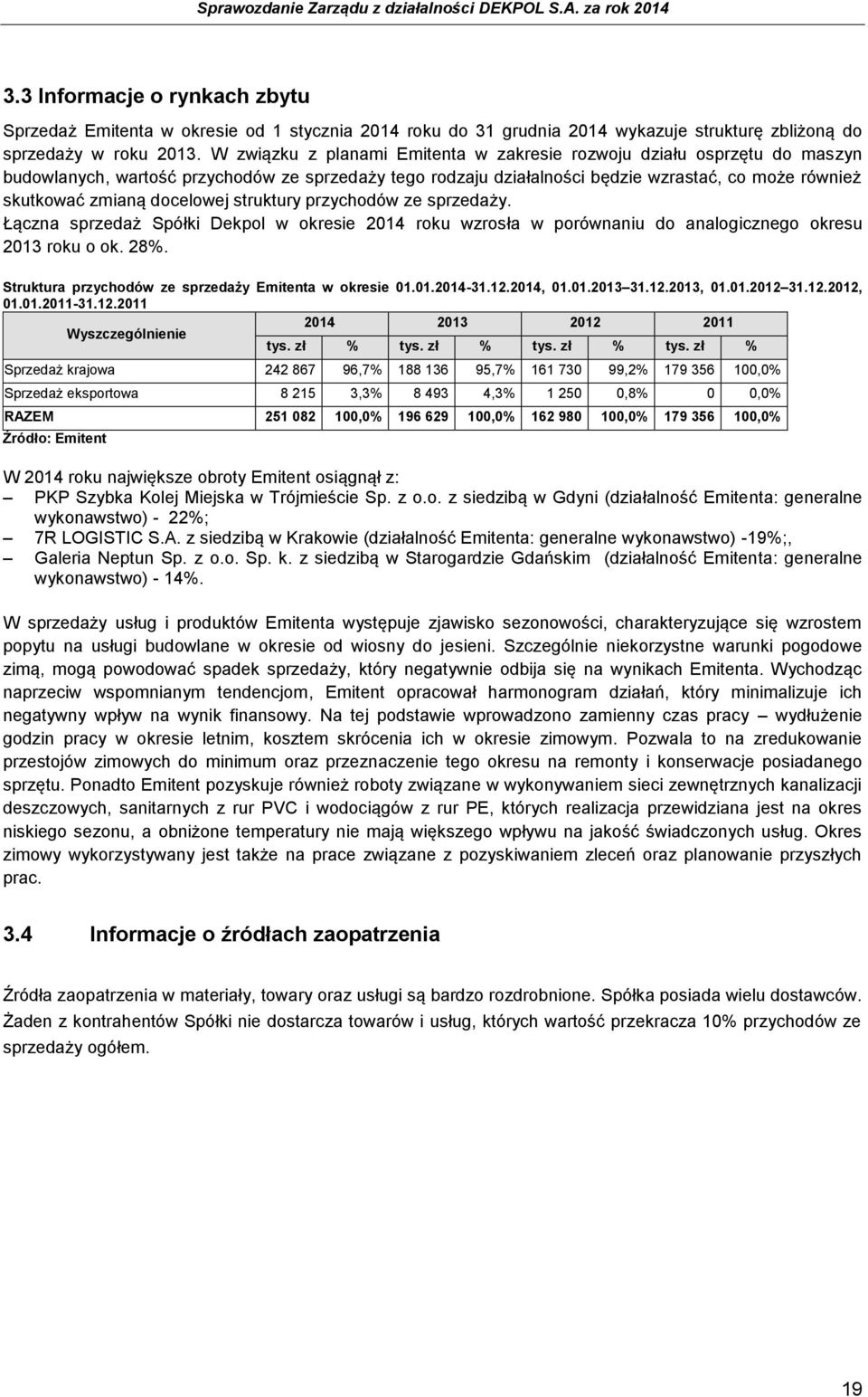 docelowej struktury przychodów ze sprzedaży. Łączna sprzedaż Spółki Dekpol w okresie 2014 roku wzrosła w porównaniu do analogicznego okresu 2013 roku o ok. 28%.