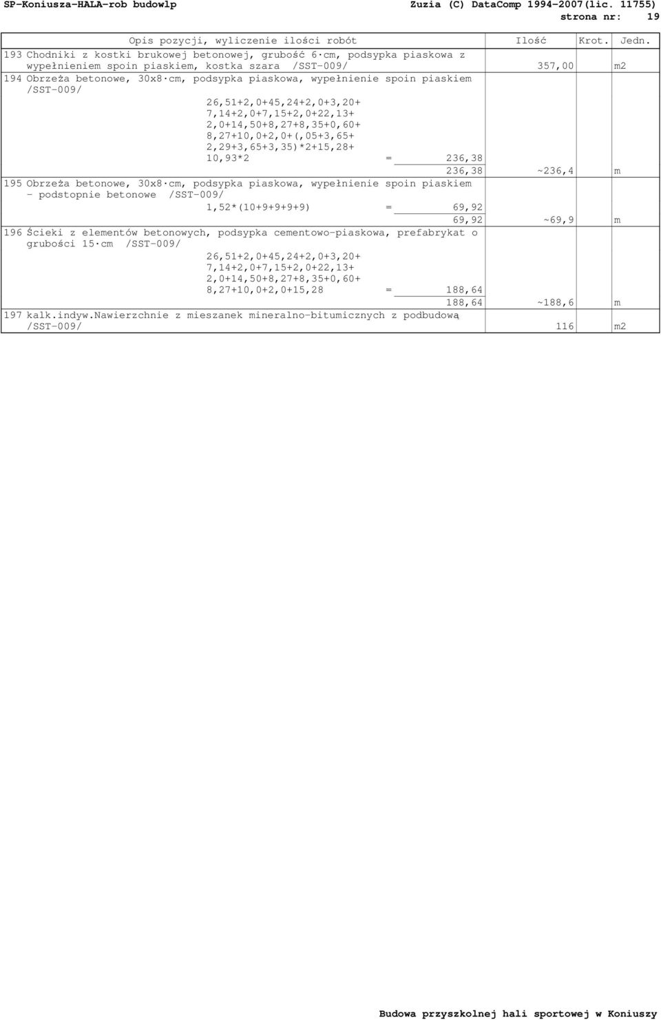 spoin piaskiem /SST-009/ 26,51+2,0+45,24+2,0+3,20+ 7,14+2,0+7,15+2,0+22,13+ 2,0+14,50+8,27+8,35+0,60+ 8,27+10,0+2,0+(,05+3,65+ 2,29+3,65+3,35)*2+15,28+ 10,93*2 = 236,38 236,38 ~236,4 m 195 ObrzeŜa