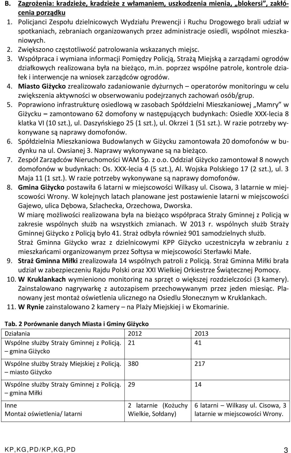 Zwiększono częstotliwość patrolowania wskazanych miejsc. 3. Współpraca i wymiana informacji Pomiędzy Policją, Strażą Miejską a zarządami ogrodów działkowych realizowana była na bieżąco, m.in. poprzez wspólne patrole, kontrole działek i interwencje na wniosek zarządców ogrodów.