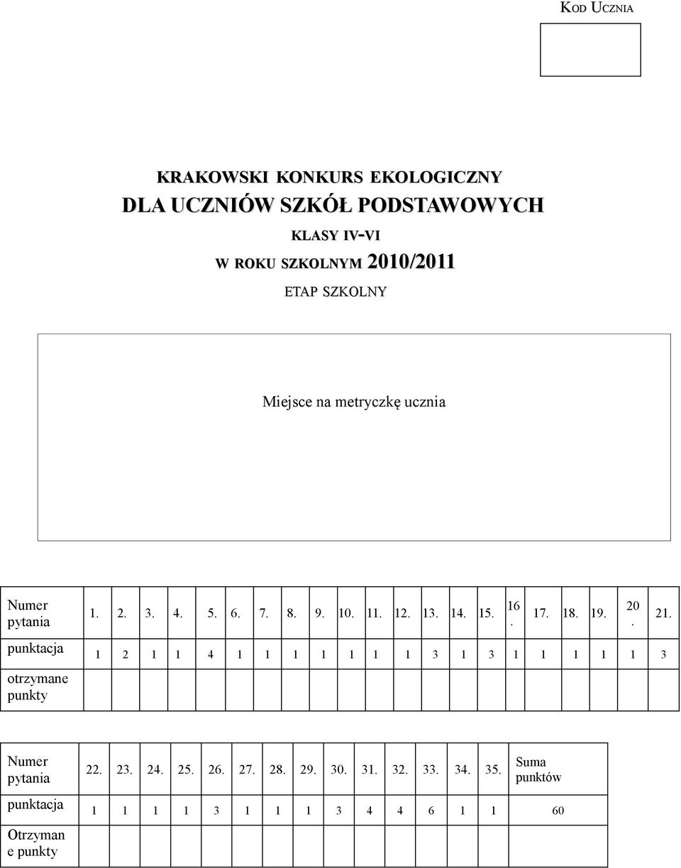 16. 17. 18. 19. 20. 21. punktacja 1 2 1 1 4 1 1 1 1 1 1 1 3 1 3 1 1 1 1 1 3 otrzymane punkty Numer pytania 22. 23.
