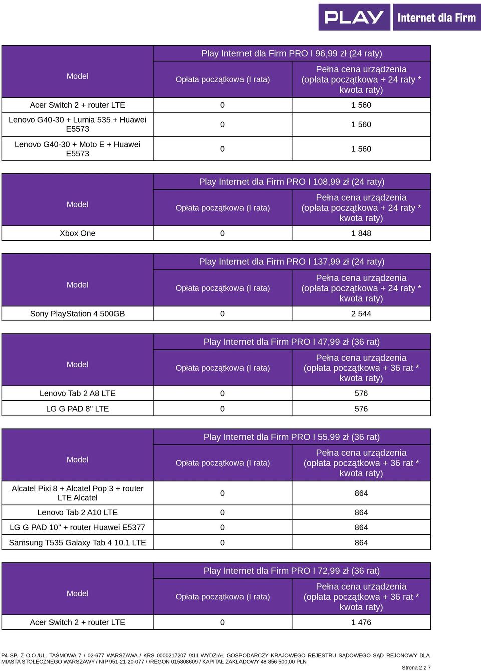 Tab 2 A8 LTE 0 576 LG G PAD 8" LTE 0 576 Alcatel Pixi 8 + Alcatel Pop 3 + router LTE Alcatel Play Internet dla Firm PRO I 55,99 zł (36 rat) 0 864 Lenovo Tab 2 A10 LTE 0 864