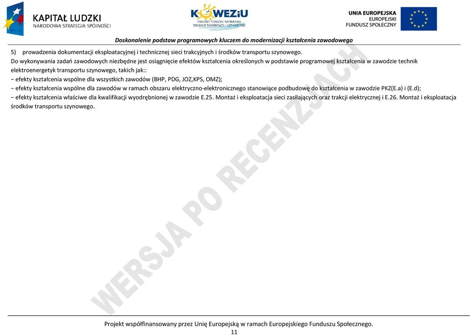 efekty kształcenia wspólne dla wszystkich zawodów (BH, DG, JOZ,KS, OMZ); efekty kształcenia wspólne dla zawodów w ramach obszaru elektryczno-elektronicznego stanowiące podbudowę do kształcenia w