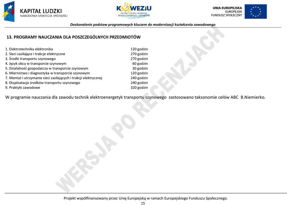 Miernictwo i diagnostyka w transporcie szynowym 120 godzin 7. Montaż i utrzymanie sieci zasilających i trakcji elektrycznej 240 godzin 8.