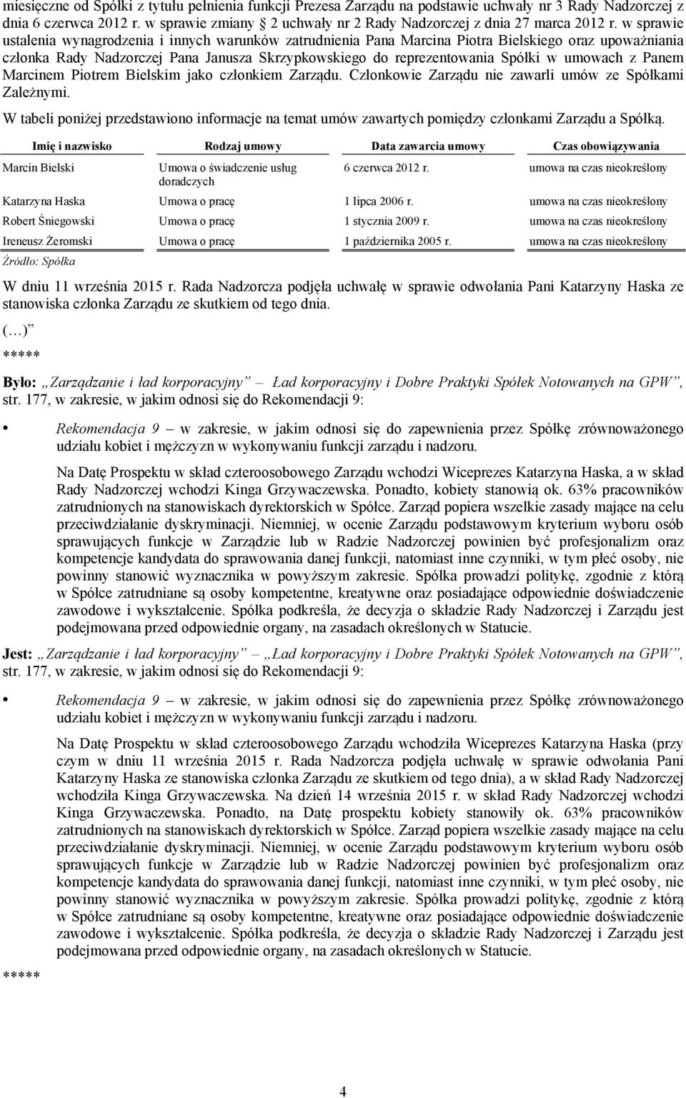 w sprawie ustalenia wynagrodzenia i innych warunków zatrudnienia Pana Marcina Piotra Bielskiego oraz upoważniania członka Rady Nadzorczej Pana Janusza Skrzypkowskiego do reprezentowania Spółki w