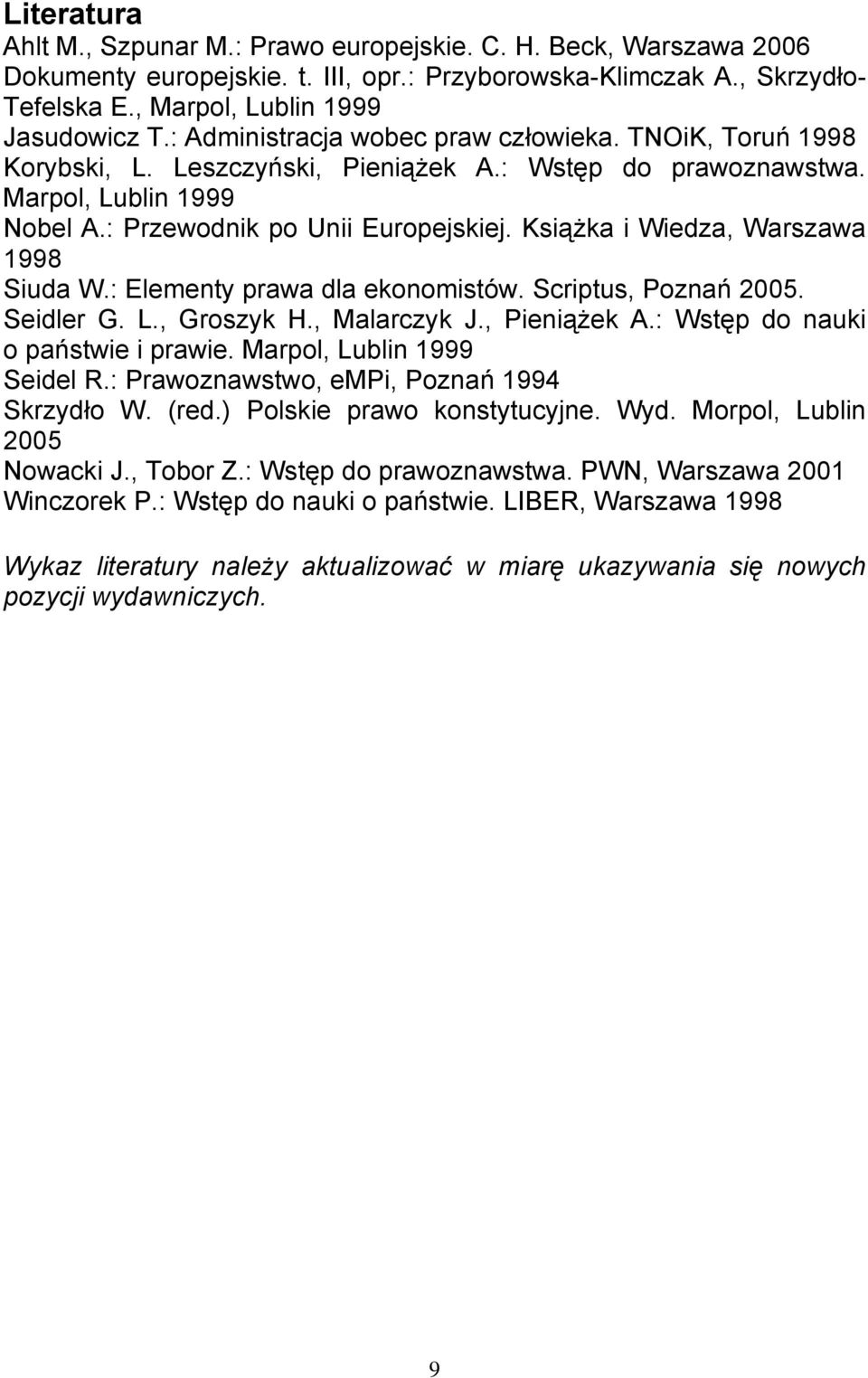 Książka i Wiedza, Warszawa 1998 Siuda W.: Elementy prawa dla ekonomistów. Scriptus, Poznań 2005. Seidler G. L., Groszyk H., Malarczyk J., Pieniążek A.: Wstęp do nauki o państwie i prawie.