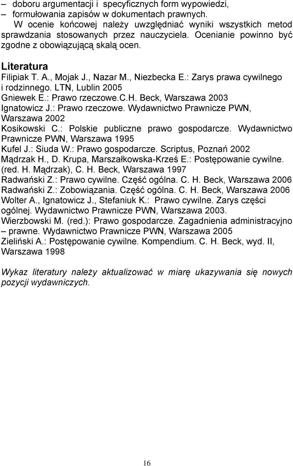 , Nazar M., Niezbecka E.: Zarys prawa cywilnego i rodzinnego. LTN, Lublin 2005 Gniewek E.: Prawo rzeczowe.c.h. Beck, Warszawa 2003 Ignatowicz J.: Prawo rzeczowe. Wydawnictwo Prawnicze PWN, Warszawa 2002 Kosikowski C.