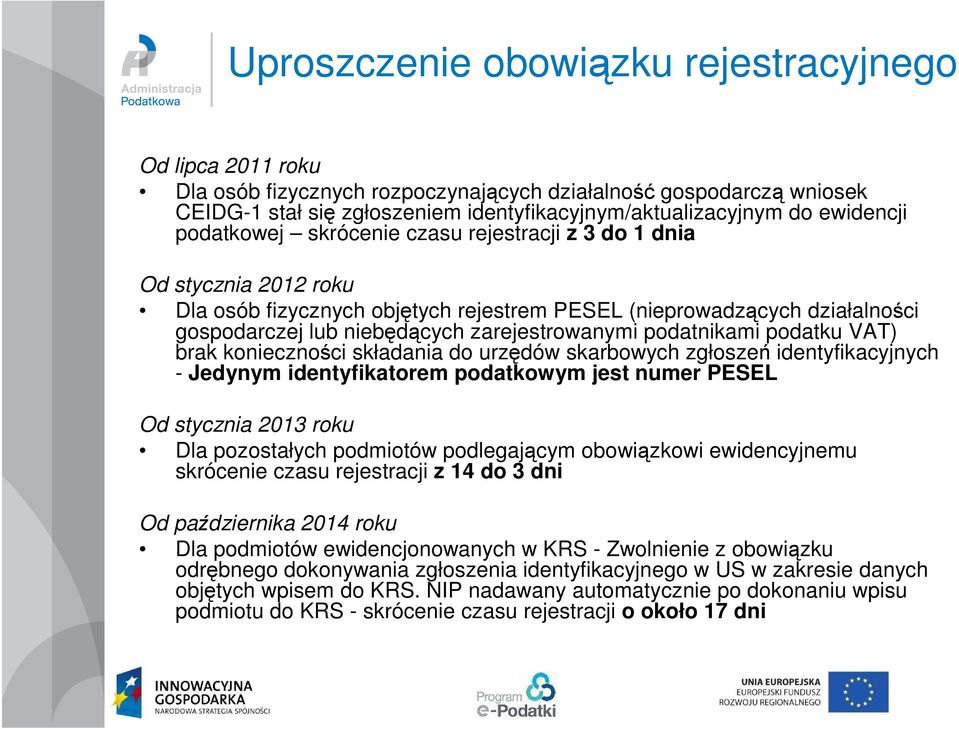 zarejestrowanymi podatnikami podatku VAT) brak konieczności składania do urzędów skarbowych zgłoszeń identyfikacyjnych - Jedynym identyfikatorem podatkowym jest numer PESEL Od stycznia 2013 roku Dla