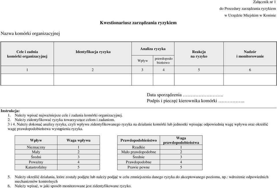 Należy wpisać najważniejsze cele i zadania komórki organizacyjnej. 2. Należy zidentyfikować ryzyka towarzyszące celom i zadaniom. 3 i 4.