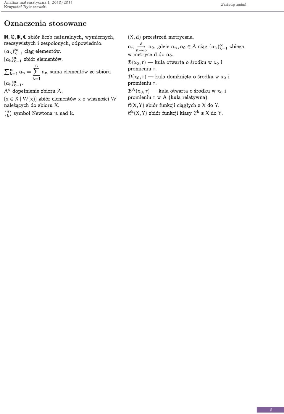 k symbol Newtoa ad k. X d przestrzeń metrycza. d a a 0 gdzie a a 0 A ciąg a k k= zbiega w metryce d do a 0. B 0 r kula otwarta o środku w 0 i promieiu r.