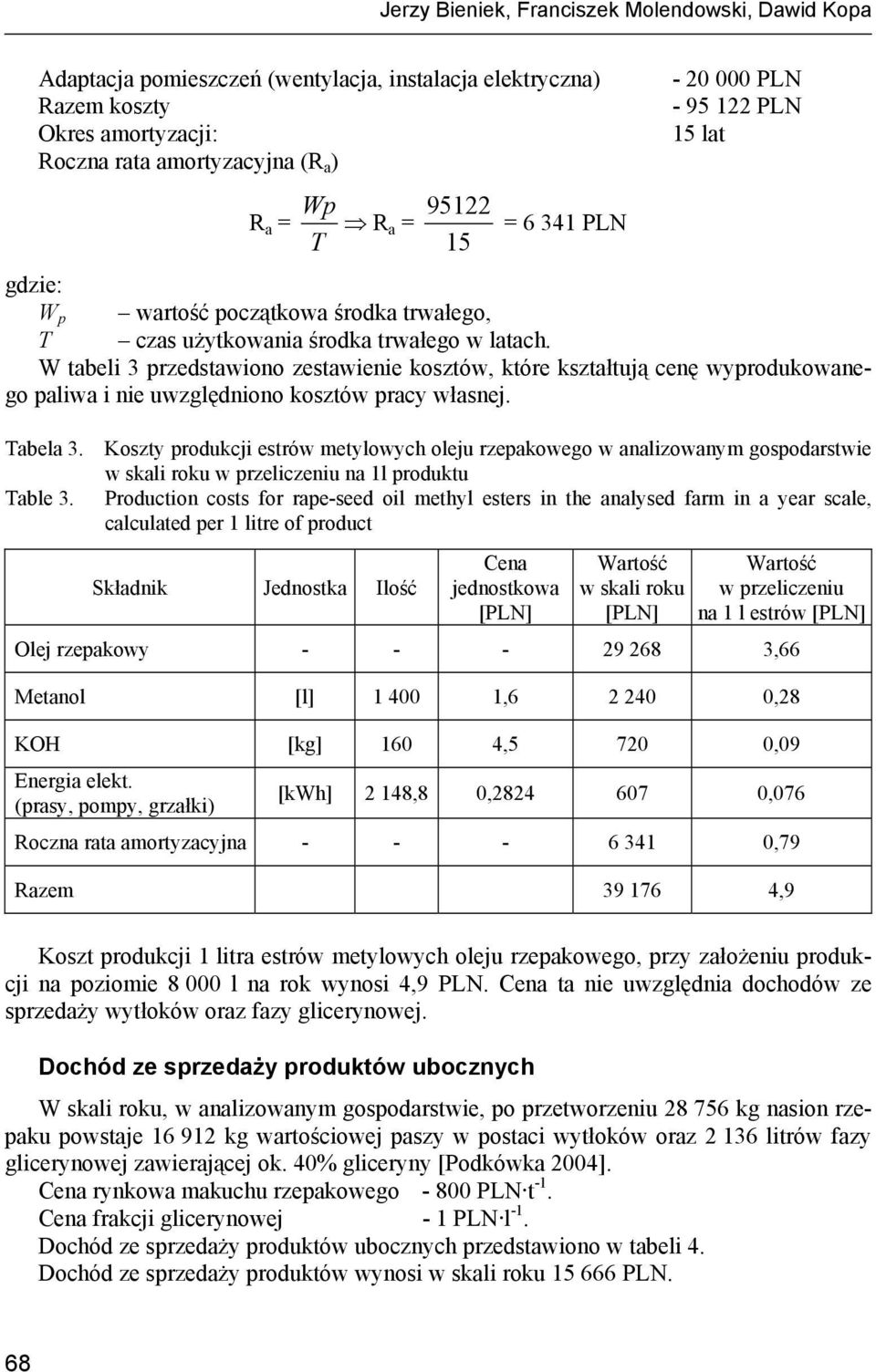 W tabeli 3 przedstawiono zestawienie kosztów, które kształtują cenę wyprodukowanego paliwa i nie uwzględniono kosztów pracy własnej. Tabela 3.