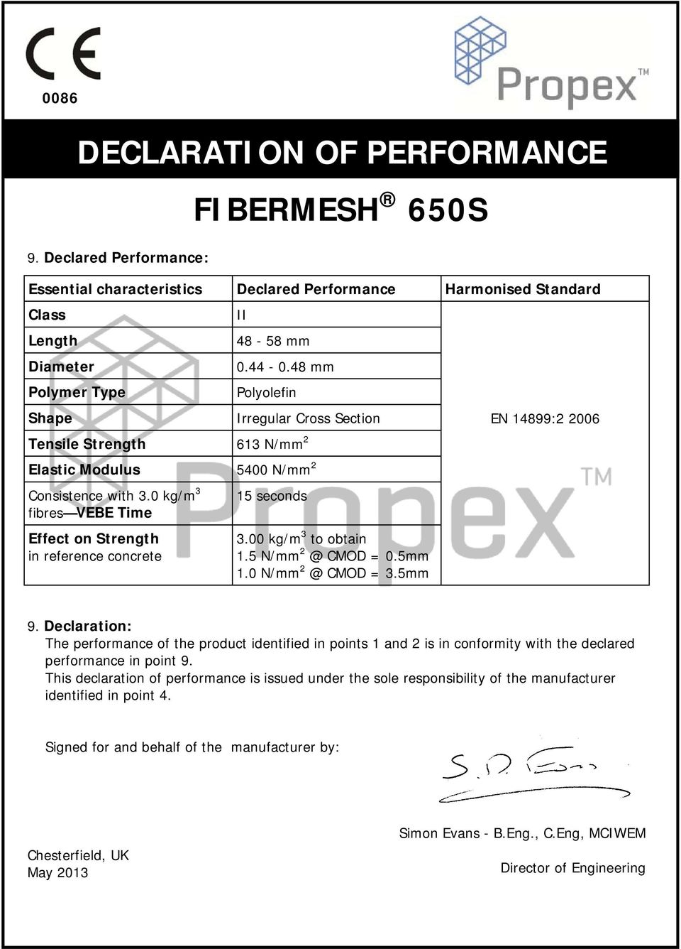 00 kg/m 3 to obtain 1.5 N/mm 2 @ CMOD = 0.5mm 1.0 N/mm 2 @ CMOD = 3.5mm EN 14899:2 2006 9.