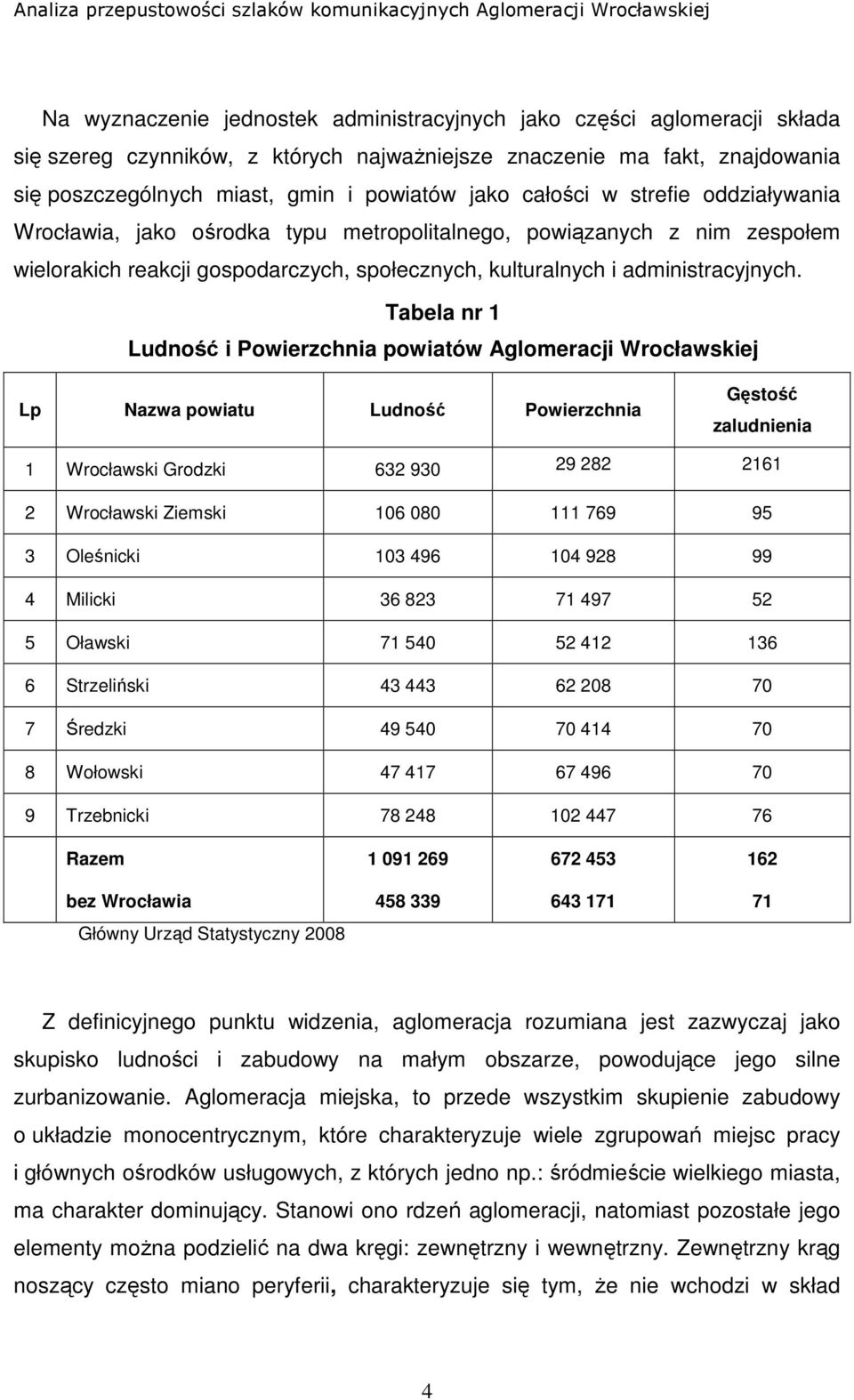 Tabela nr 1 Ludność i Powierzchnia powiatów Aglomeracji Wrocławskiej Lp Nazwa powiatu Ludność Powierzchnia Gęstość zaludnienia 1 Wrocławski Grodzki 632 930 29 282 2161 2 Wrocławski Ziemski 106 080