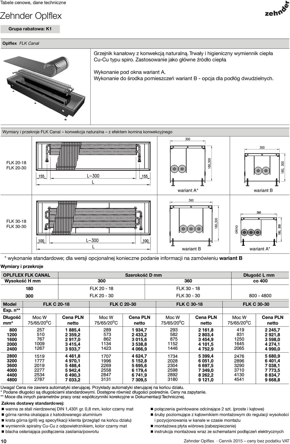 Wymiary i przekroje FLK Canal konwekcja naturalna z efektem komina konwekcyjnego FLK 20-18 FLK 20-30 wariant A* wariant B FLK 30-18 FLK 30-30 wariant B wariant A* * wykonanie standardowe; dla wersji