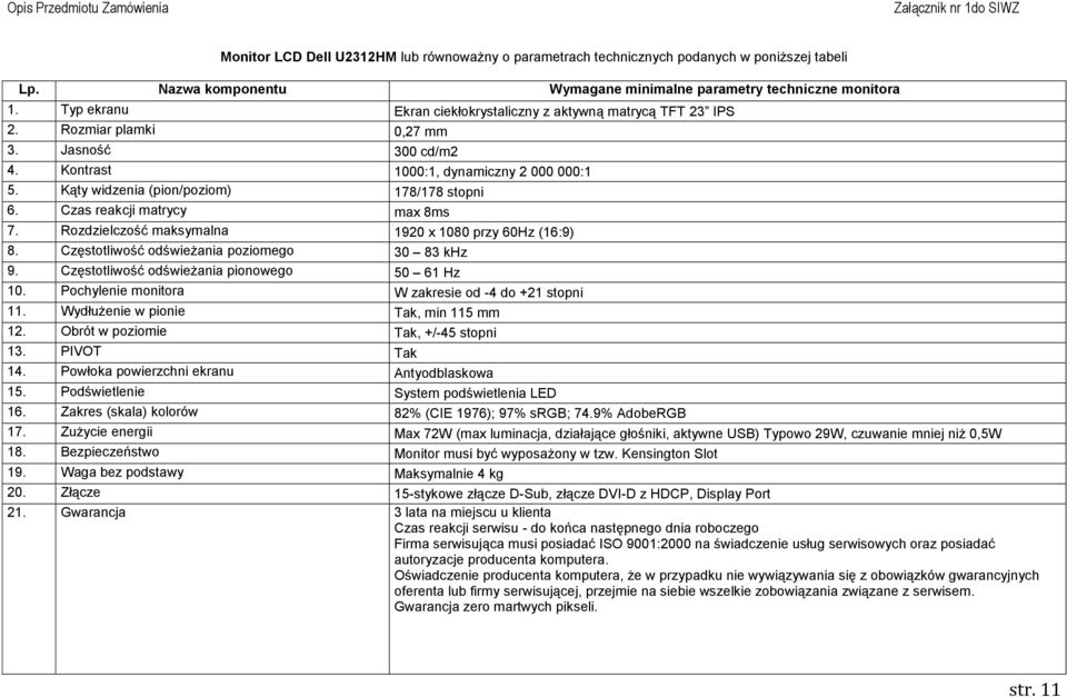 Kąty widzenia (pion/poziom) 178/178 stopni 6. Czas reakcji matrycy max 8ms 7. Rozdzielczość maksymalna 1920 x 1080 przy 60Hz (16:9) 8. Częstotliwość odświeżania poziomego 30 83 khz 9.