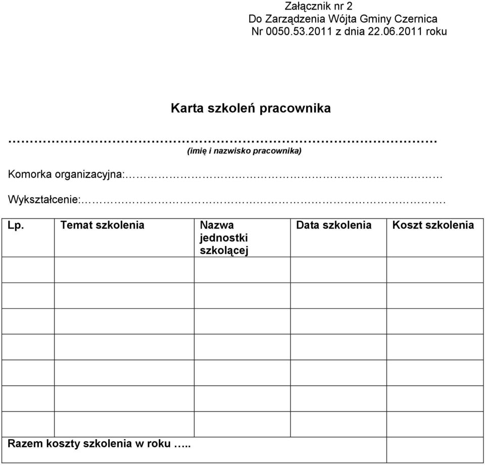 2011 roku Karta szkoleń pracownika (imię i nazwisko pracownika) Komorka