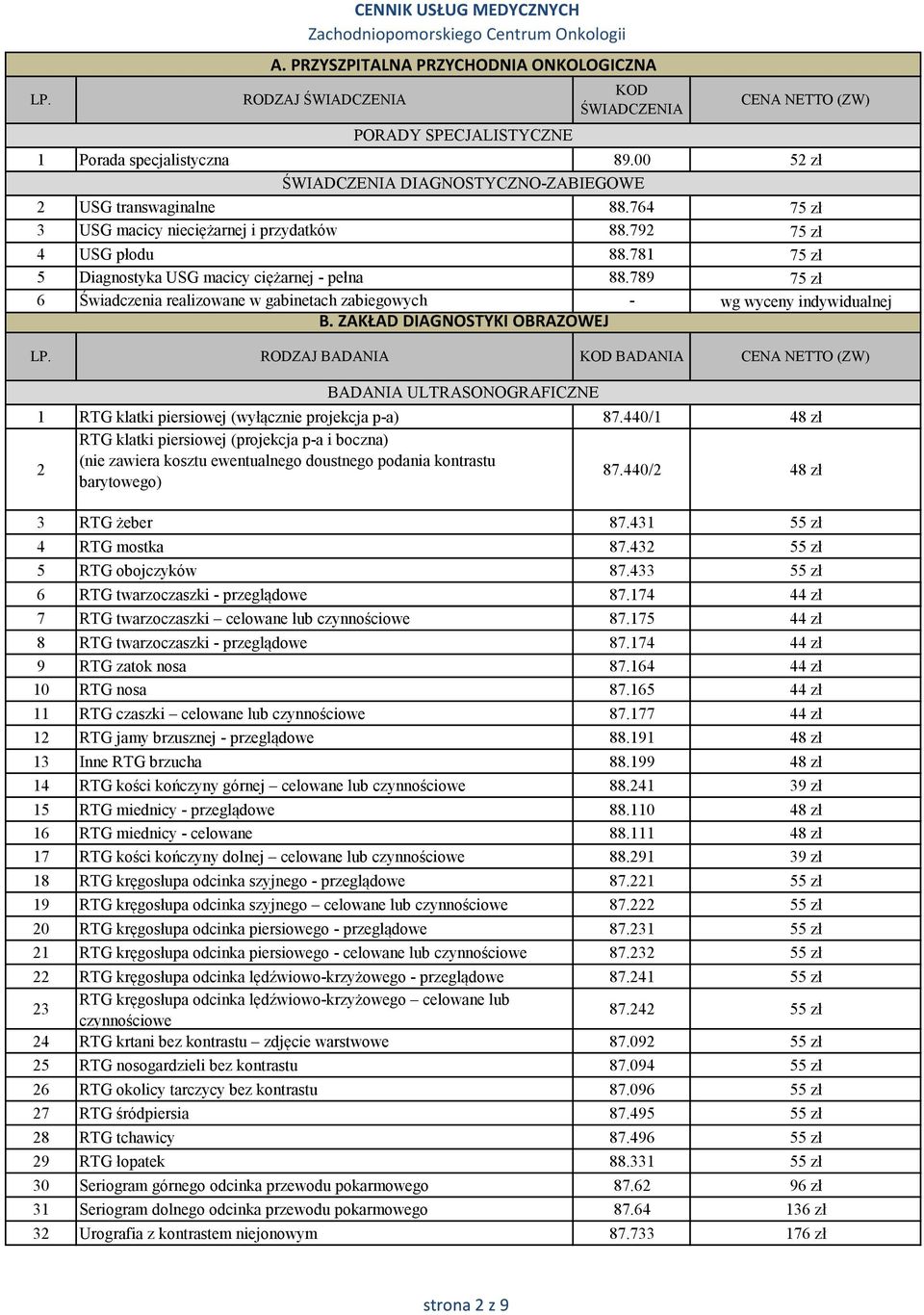 789 75 zł 6 Świadczenia realizowane w gabinetach zabiegowych - wg wyceny indywidualnej B. ZAKŁAD DIAGNOSTYKI OBRAZOWEJ LP.