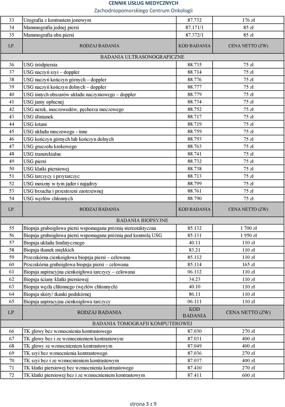 776 75 zł 39 USG naczyń kończyn dolnych doppler 88.777 75 zł 40 USG innych obszarów układu naczyniowego doppler 88.779 75 zł 41 USG jamy opłucnej 88.