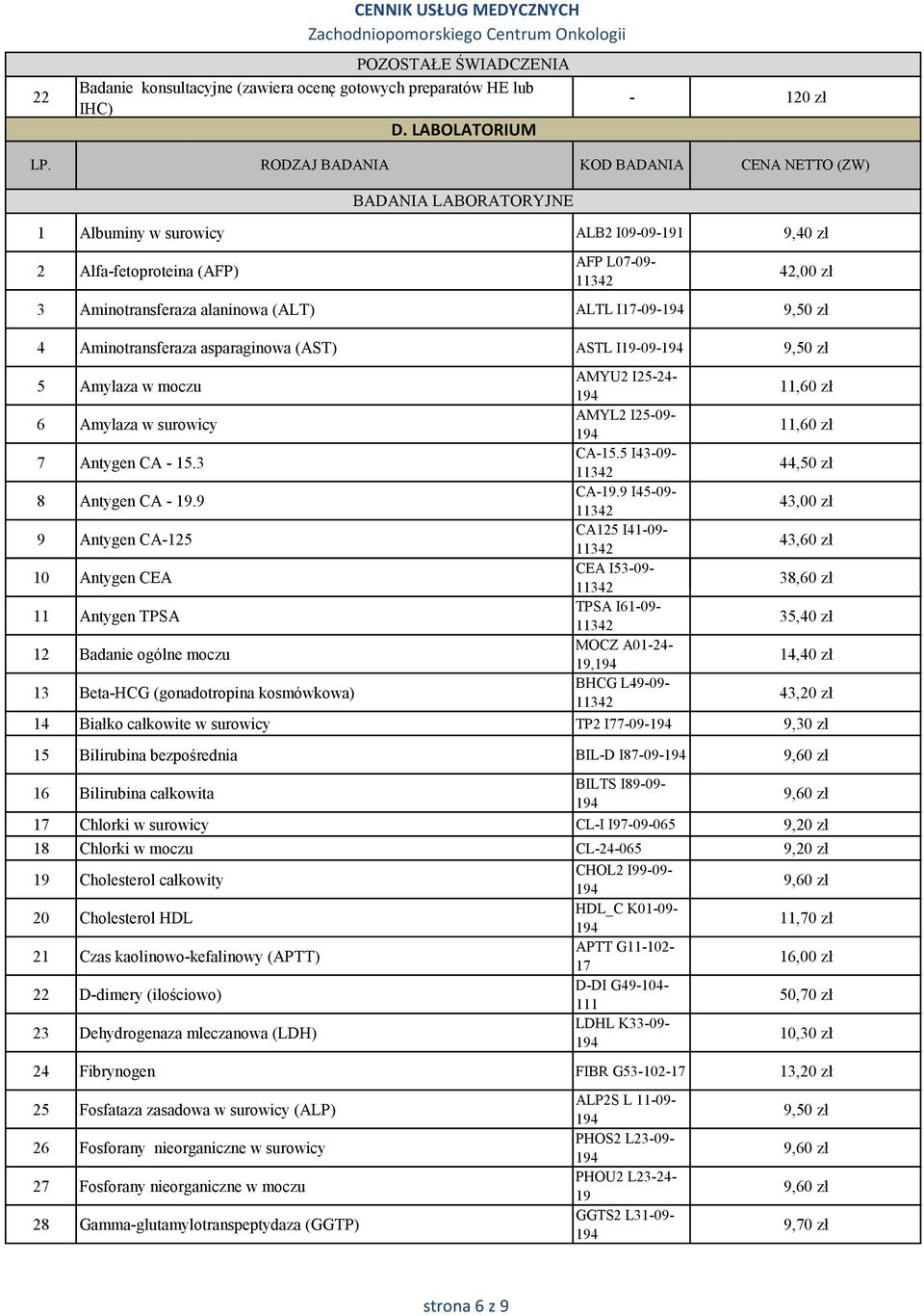 Aminotransferaza asparaginowa (AST) ASTL I19-09- 9,50 zł 5 Amylaza w moczu AMYU I5-4- 11,60 zł 6 Amylaza w surowicy AMYL I5-09- 11,60 zł 7 Antygen CA - 15.3 CA-15.5 I43-09- 44,50 zł 8 Antygen CA - 19.