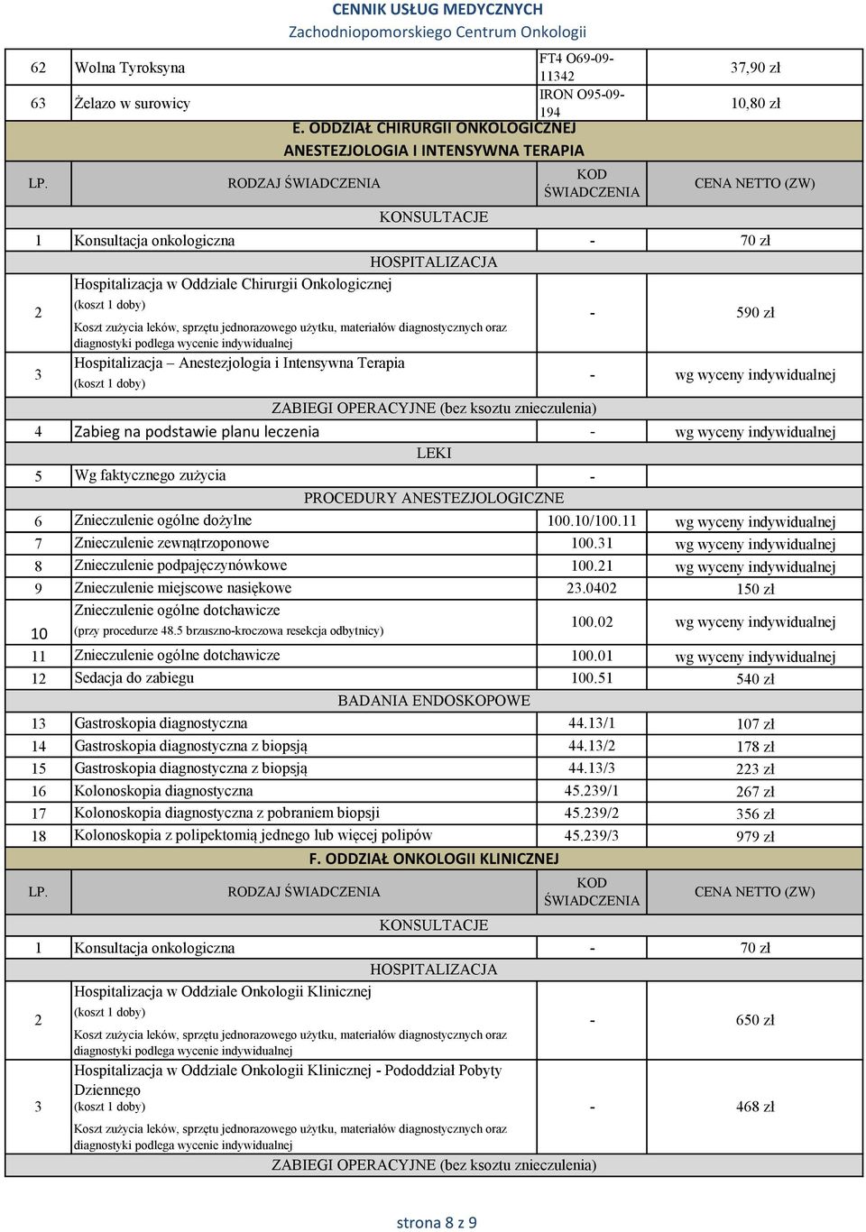 jednorazowego użytku, materiałów diagnostycznych oraz diagnostyki podlega wycenie indywidualnej Hospitalizacja Anestezjologia i Intensywna Terapia E.