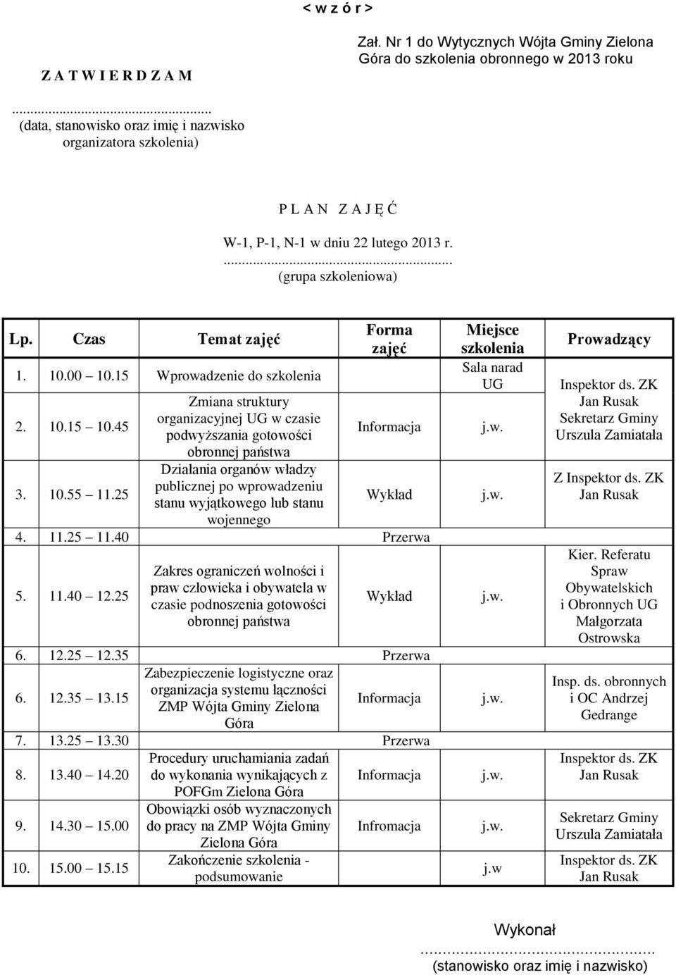 15 Wprowadzenie do szkolenia Forma zajęć 2. 10.15 10.45 Zmiana struktury organizacyjnej UG w czasie podwyższania gotowości obronnej państwa Informacja Działania organów władzy 3. 10.55 11.