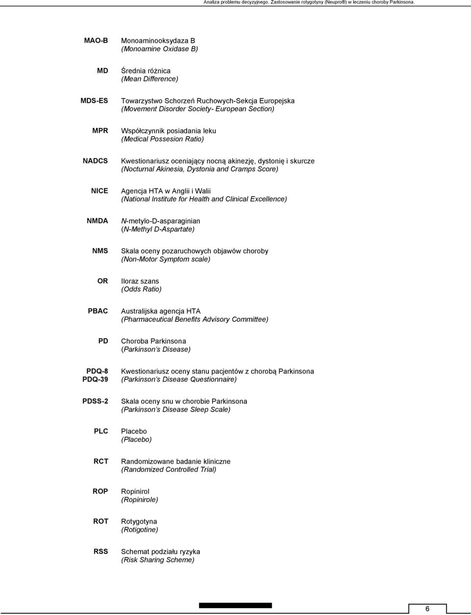 Współczynnik posiadania leku (Medical Possesion Ratio) NADCS Kwestionariusz oceniający nocną akinezję, dystonię i skurcze (Nocturnal Akinesia, Dystonia and Cramps Score) NICE Agencja HTA w Anglii i