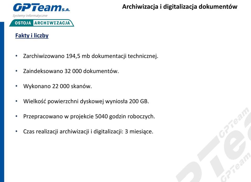 Wykonano 22 000 skanów. Wielkość powierzchni dyskowej wyniosła 200 GB.