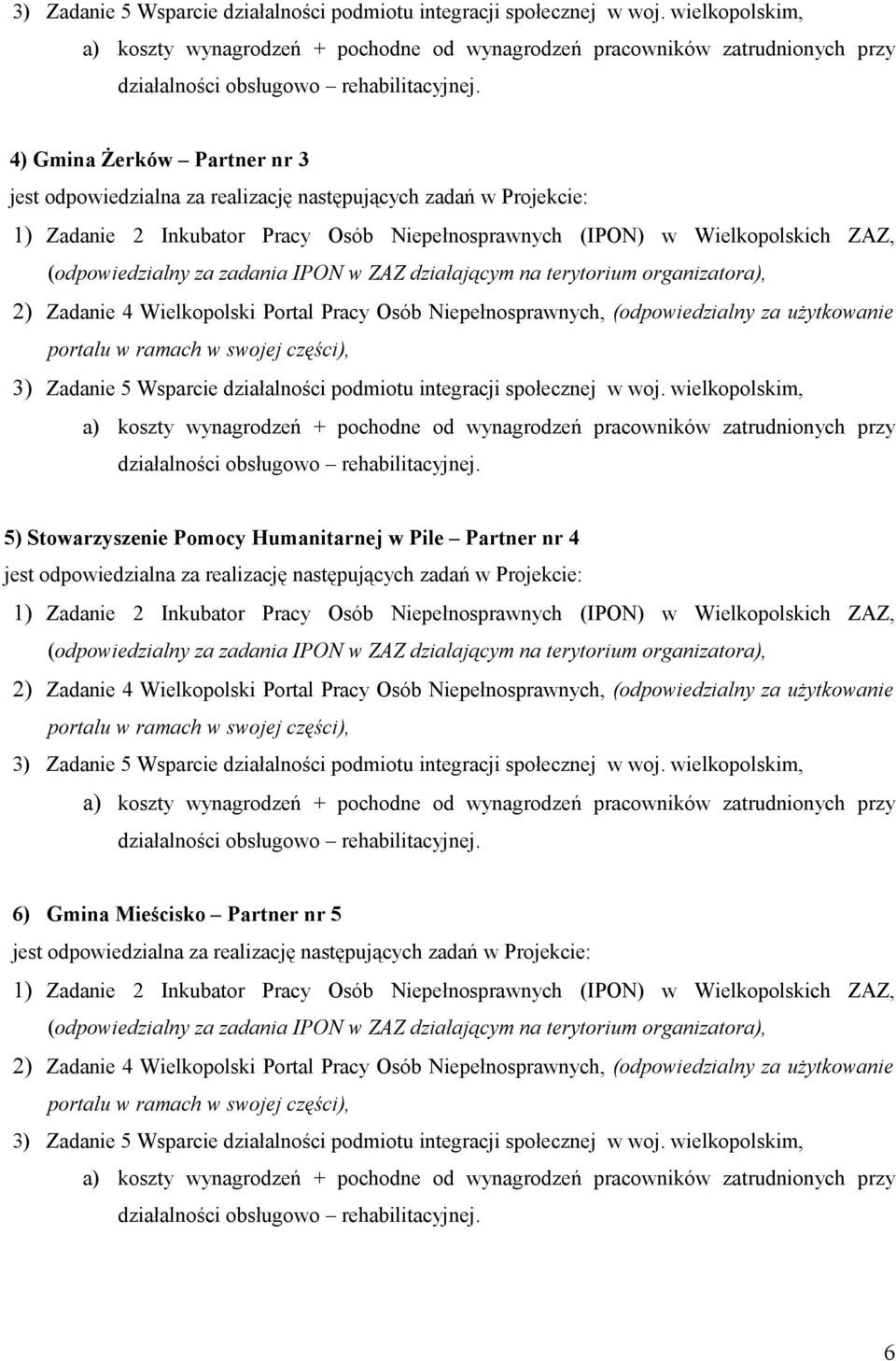 4) Gmina Żerków Partner nr 3 jest odpowiedzialna za realizację następujących zadań w Projekcie: 1) Zadanie 2 Inkubator Pracy Osób Niepełnosprawnych (IPON) w Wielkopolskich ZAZ, (odpowiedzialny za