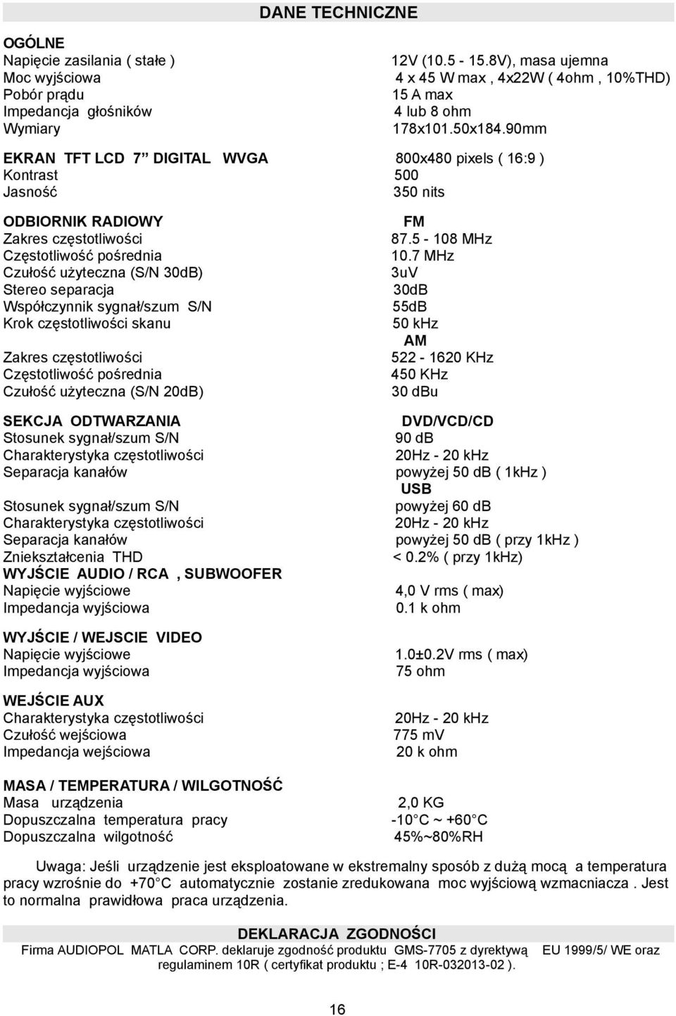 90mm EKRAN TFT LCD 7 DIGITAL WVGA Kontrast Jasność 800x480 pixels ( 16:9 ) 500 350 nits ODBIORNIK RADIOWY Zakres częstotliwości Częstotliwość pośrednia Czułość użyteczna (S/N 30dB) Stereo separacja