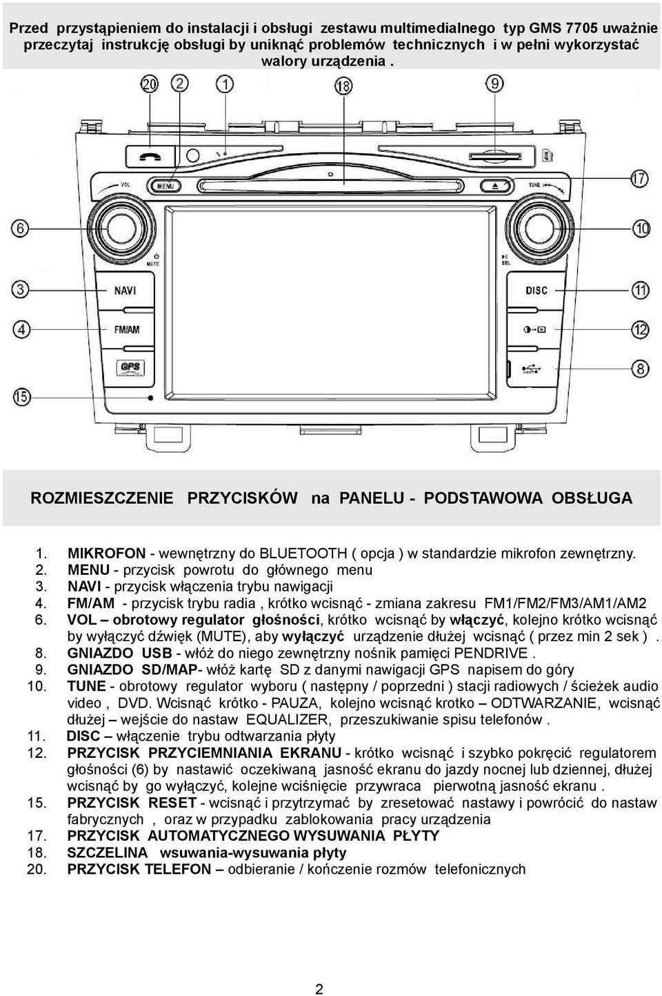 MENU - przycisk powrotu do głównego menu NAVI - przycisk włączenia trybu nawigacji FM/AM - przycisk trybu radia, krótko wcisnąć - zmiana zakresu FM1/FM2/FM3/AM1/AM2 VOL obrotowy regulator głośności,