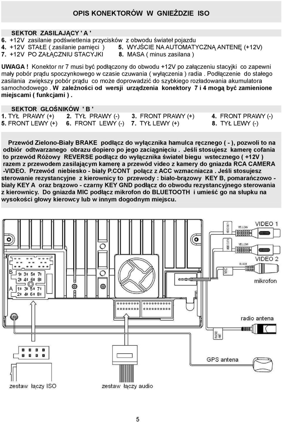 Konektor nr 7 musi być podłączony do obwodu +12V po załączeniu stacyjki co zapewni mały pobór prądu spoczynkowego w czasie czuwania ( wyłączenia ) radia.