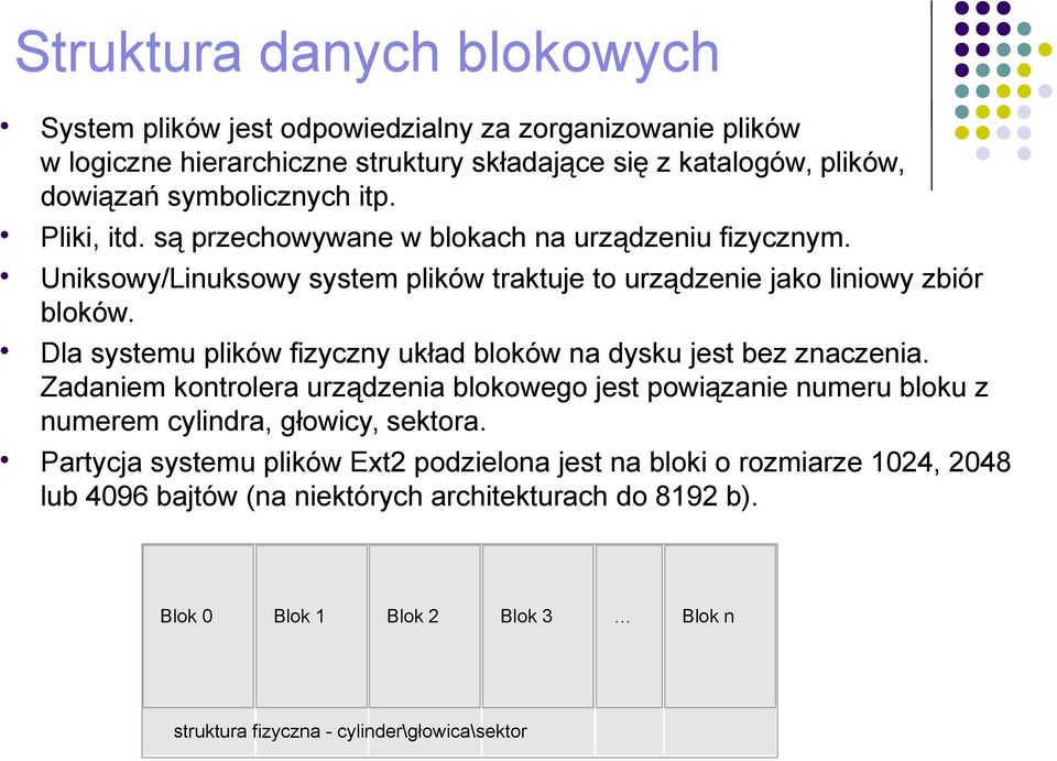 Dla systemu plików fizyczny układ bloków na dysku jest bez znaczenia. Zadaniem kontrolera urządzenia blokowego jest powiązanie numeru bloku z numerem cylindra, głowicy, sektora.